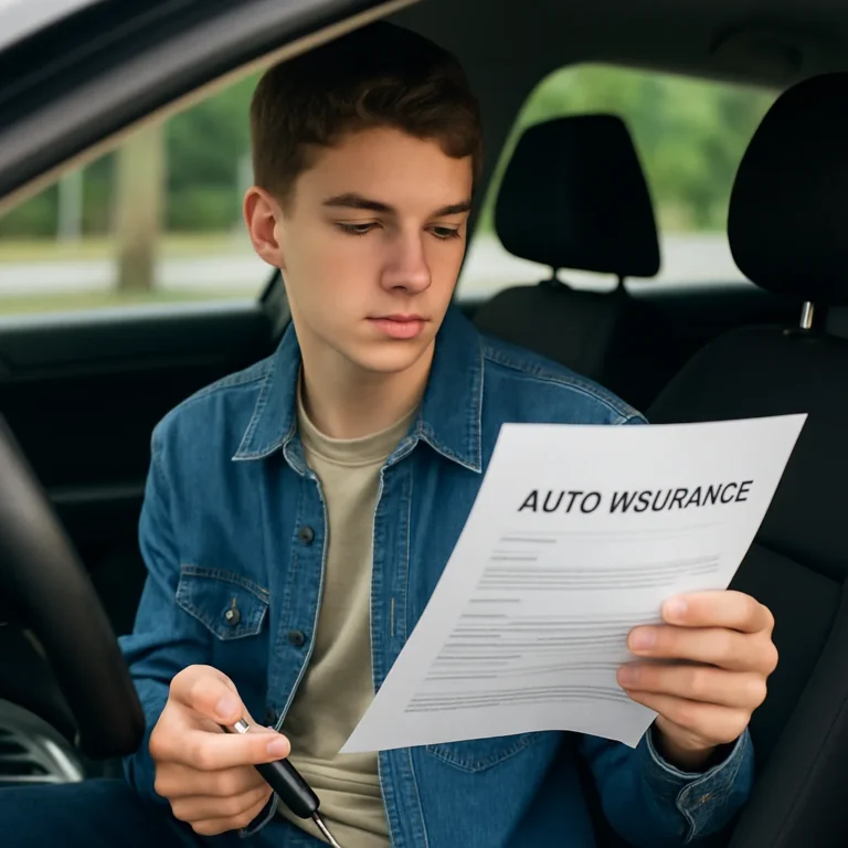 Teen driver sitting in parent’s car reviewing insurance paperwork
