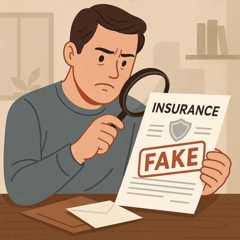 A man examining a fake insurance document with a magnifying glass