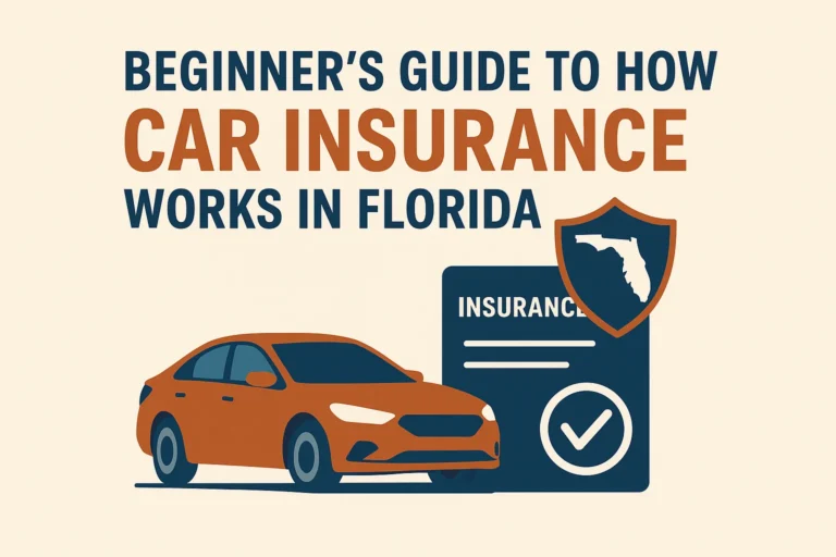 Vector illustration of car, insurance document, and Florida state icon for beginner's guide to car insurance in Florida