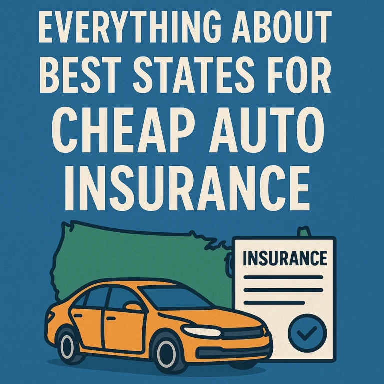 Illustration of a car, a U.S. map, and an insurance document representing affordable auto insurance by state