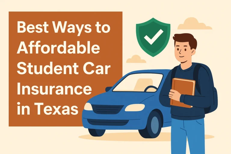 Student with backpack standing beside a blue car and insurance shield in Texas
