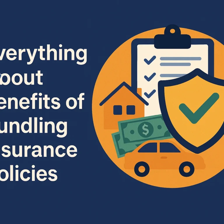 Illustration of bundled insurance benefits with icons of a house, car, clipboard, and shield