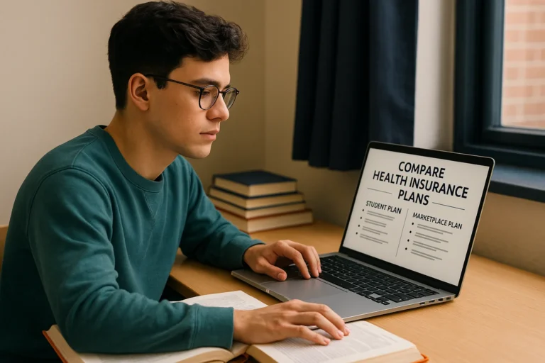 Student comparing health insurance plans on laptop in dorm room