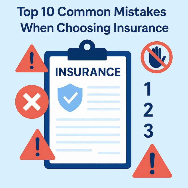 Infographic showing common insurance mistakes with warning signs and a clipboard document