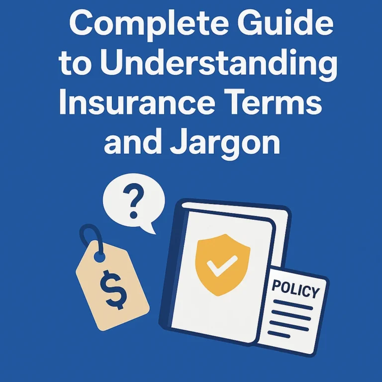 "Icons illustrating key insurance terms like policy, premium, and deductible with a blue background"