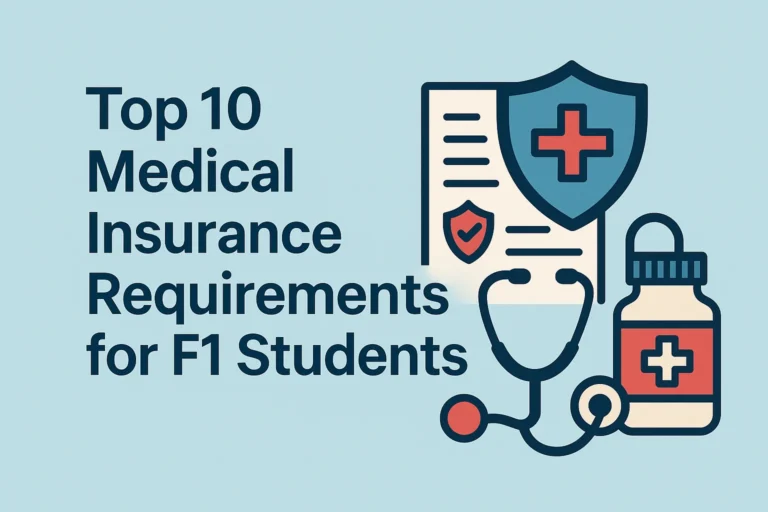 "Top 10 Medical Insurance Requirements for F1 Students" title with icons of shield, stethoscope, and pill bottle