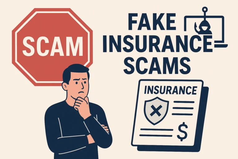 Illustration warning about fake insurance scams and fraudulent documents