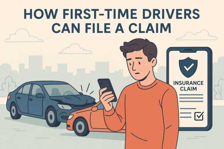 First-time driver filing an insurance claim using a smartphone after a car accident