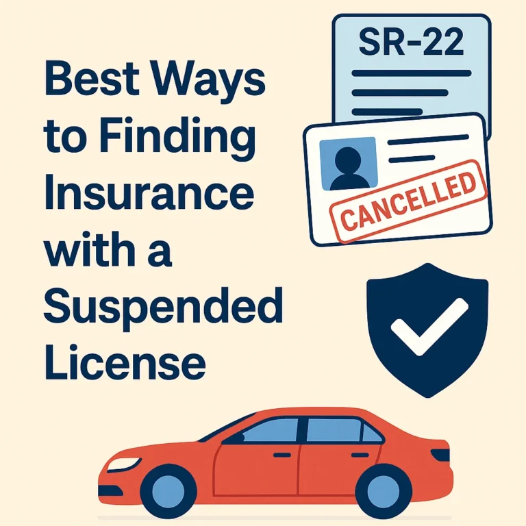 Graphic showing SR-22 form, canceled driver's license, red car, and insurance shield
