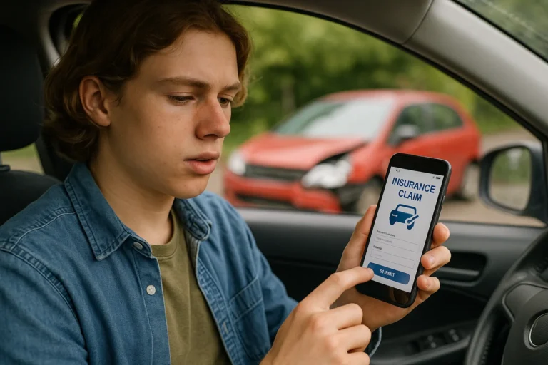 Young driver filing an insurance claim on mobile phone