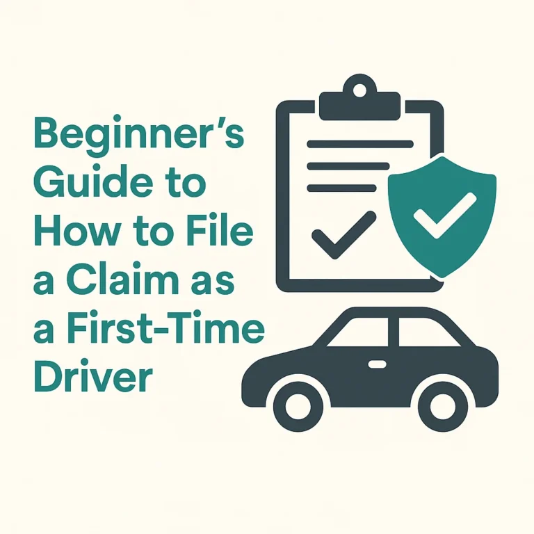 A flat design illustration showing a young driver filing a car insurance claim using a smartphone, depicting guidance and process.
