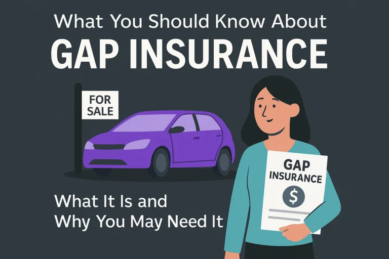 Flat digital illustration of a woman holding a gap insurance document with a purple car labeled “For Sale” in the background