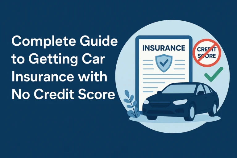 Illustration of a car, insurance document, and a crossed-out credit score symbol representing car insurance with no credit history