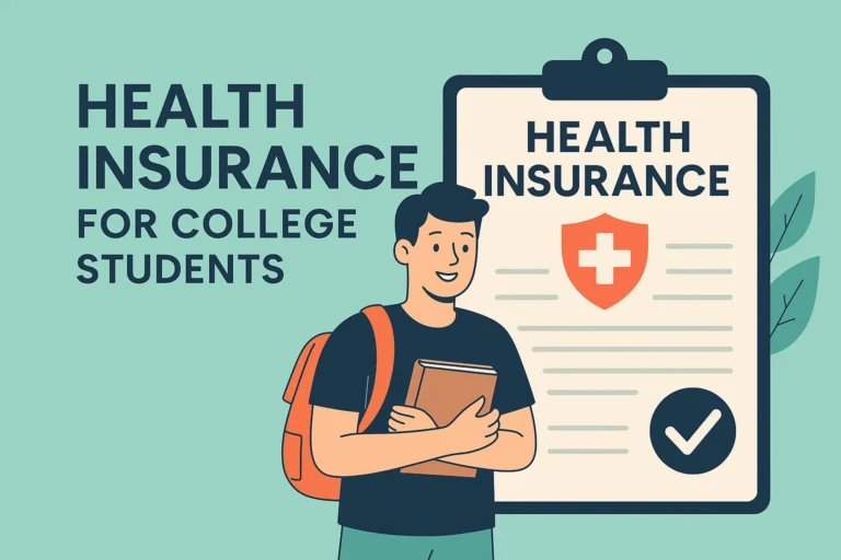 A smiling student with a backpack standing beside a large health insurance form