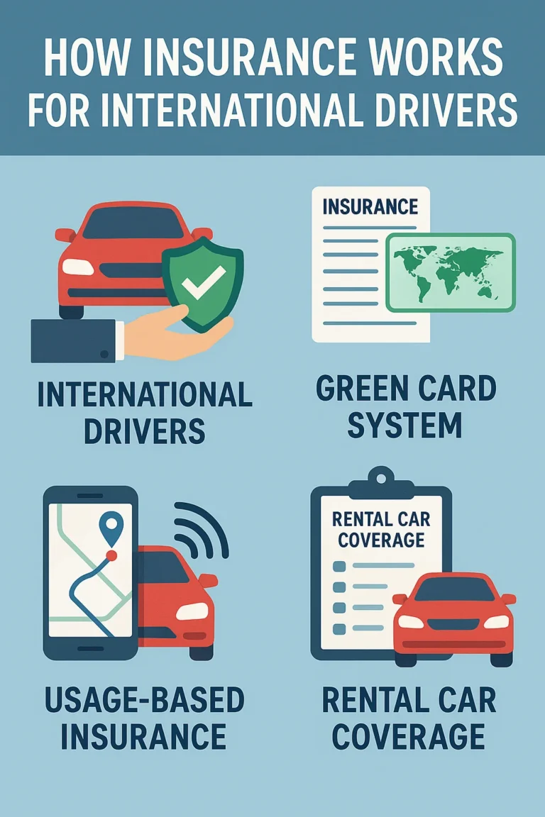 Infographic illustrating key aspects of insurance for international drivers