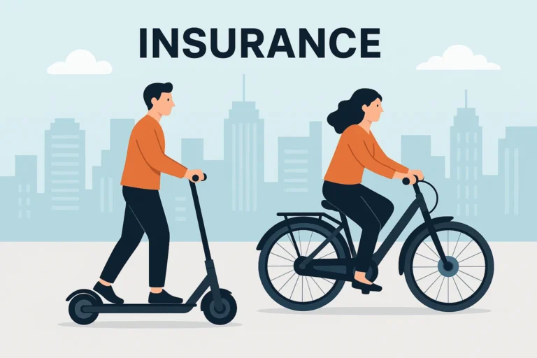 Man on an electric scooter and woman on an electric bike riding in a modern cityscape