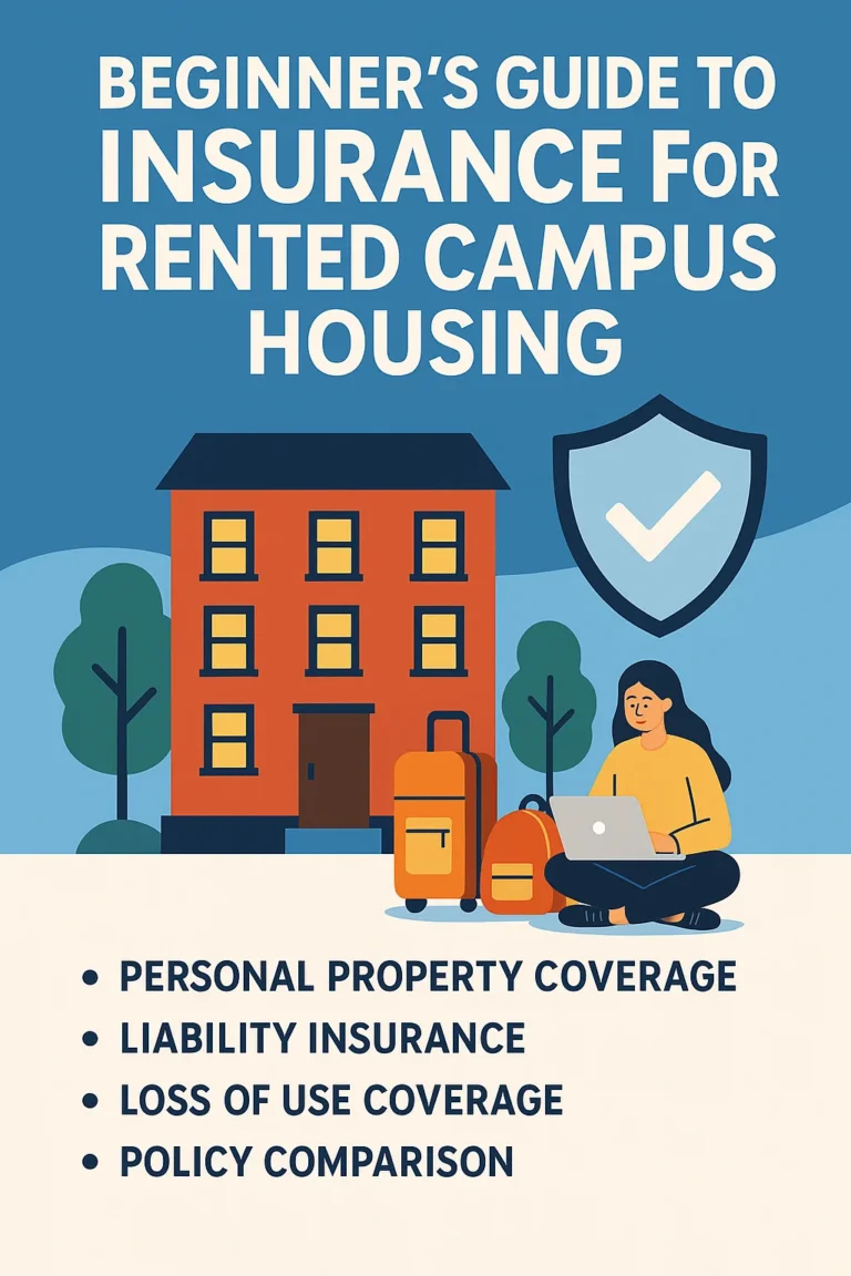 Student sitting in front of a campus housing building with luggage and laptop, surrounded by icons representing insurance coverage