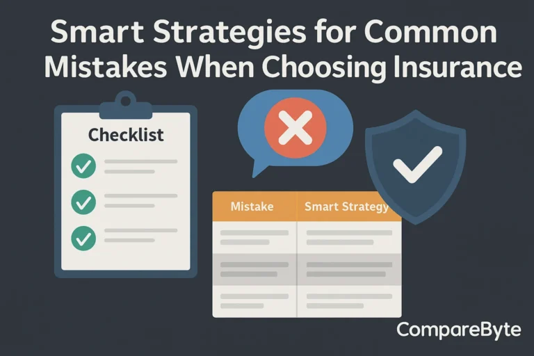 Flat-style digital illustration showing a checklist titled “Insurance Mistakes to Avoid” with icons like warning signs, magnifying glass, and clipboard