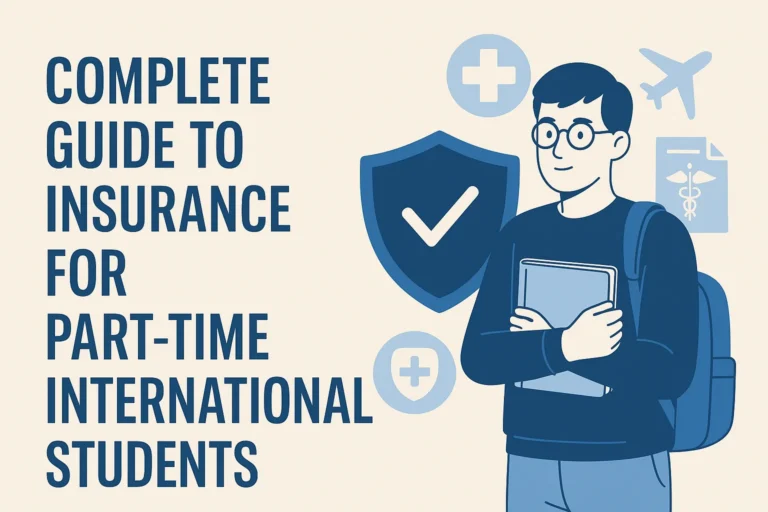 Illustration of a part-time international student with health and travel insurance icons