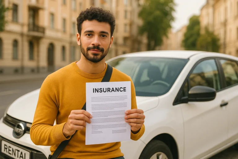 International driver holding insurance papers next to a rental car abroad