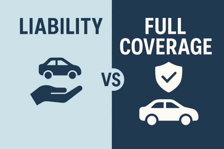 Side-by-side comparison of liability and full coverage insurance with icons
