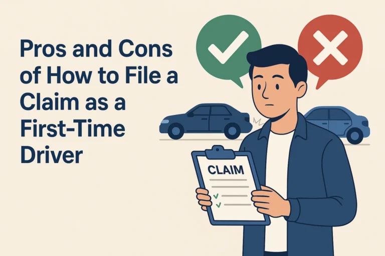 A young first-time driver holding an insurance claim form, with checkmark and cross icons representing pros and cons
