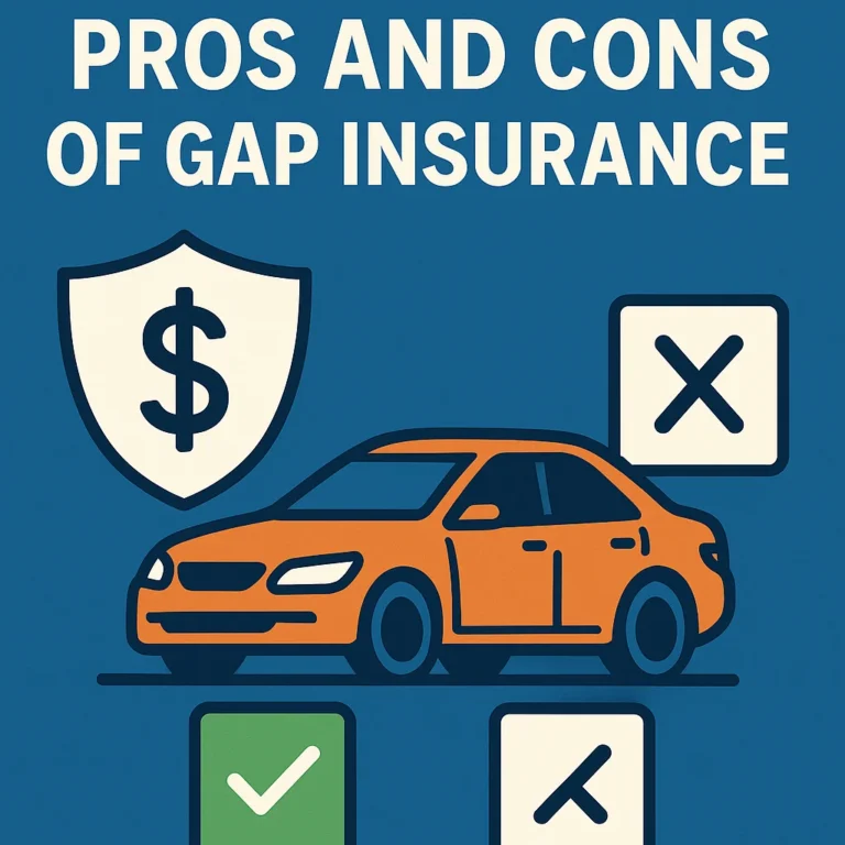 Illustration showing an orange car, dollar shield icon, checkmark, and cross icons representing the pros and cons of gap insurance
