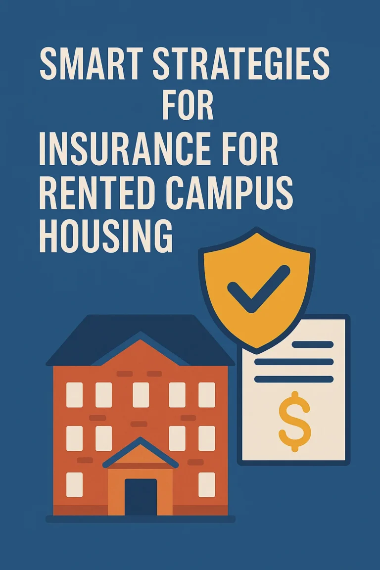 Smart strategies for insurance for rented campus housing visual with a campus building, insurance shield, and policy icon