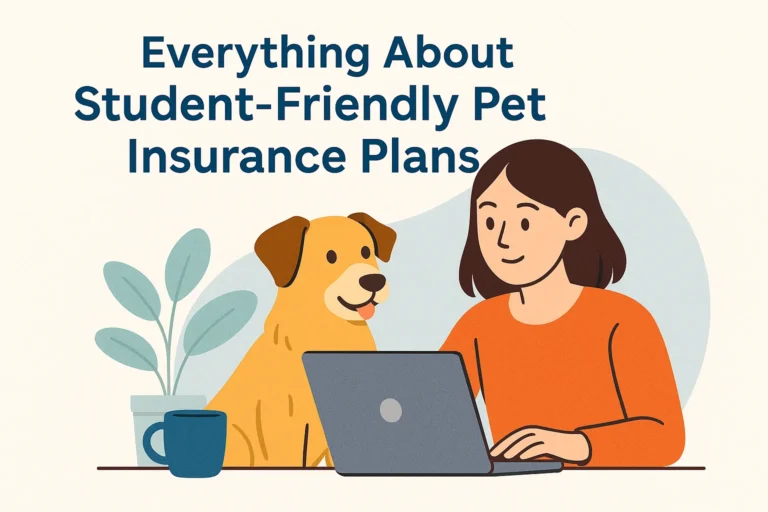 A college student with a pet dog and a laptop, researching pet insurance.