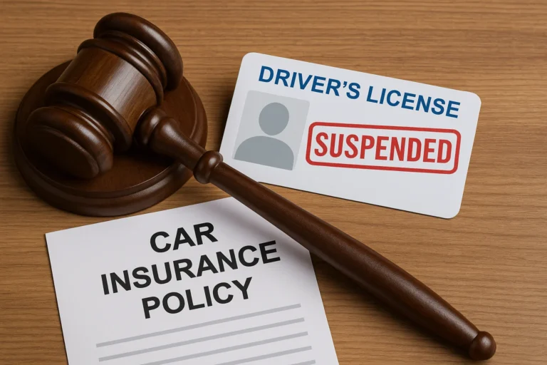 A judge's gavel, a suspended driver's license, and a car insurance policy on a wooden desk