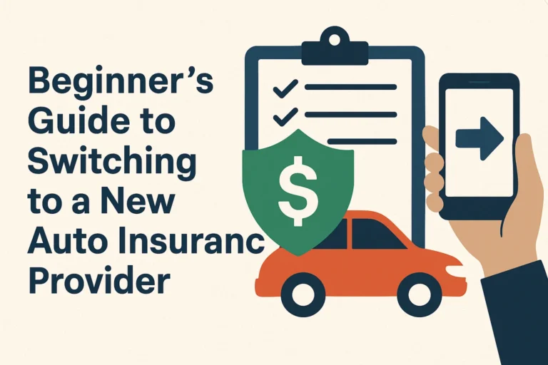 Illustration of switching auto insurance showing a checklist, shield, car, and mobile phone