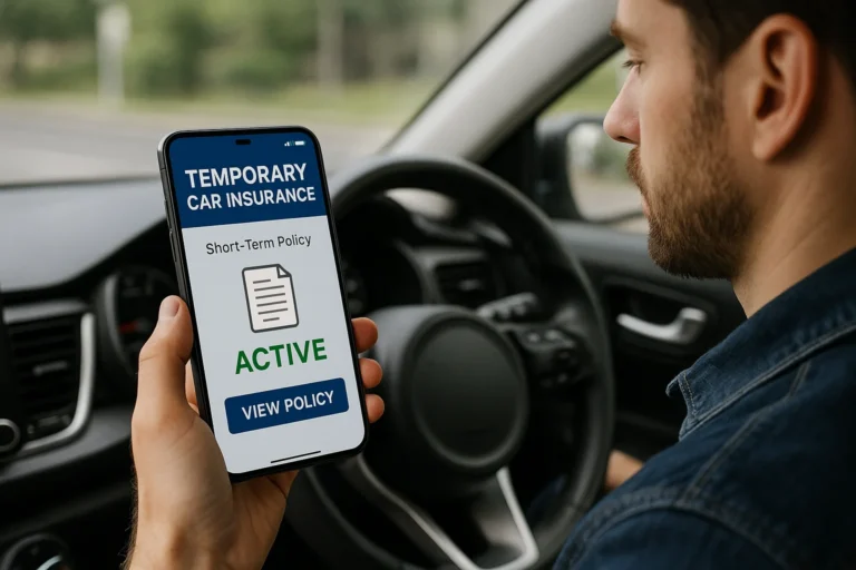 Driver reviewing short-term car insurance policy on a mobile app