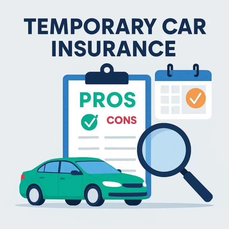 Flat-style digital illustration of a car with a calendar and a stopwatch, symbolizing short-term insurance coverage