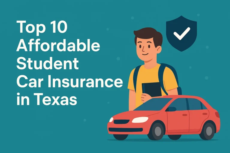 Student standing next to a car with shield icon, representing affordable insurance in Texas