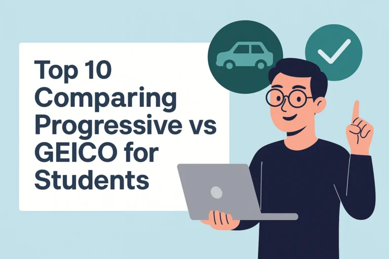 A digital infographic comparing Progressive and GEICO insurance options for students.