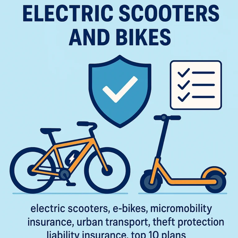 Illustration of an electric bike and scooter with a shield icon representing insurance coverage