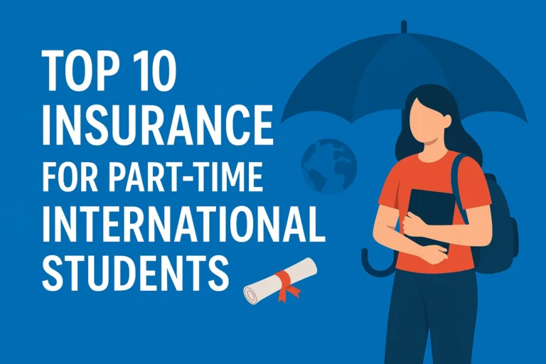 Illustration of a female international student holding a book under an umbrella, representing health insurance protection