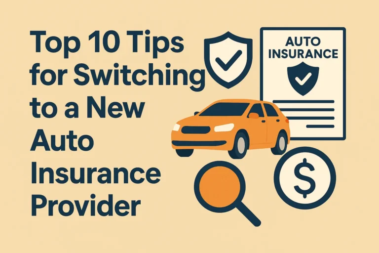 Illustration showing top 10 tips for switching to a new auto insurance provider with icons of a car, document, shield, and dollar sign