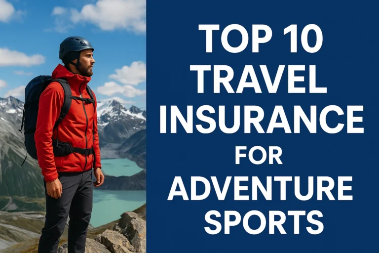 A hiker in a red jacket standing on a mountain ridge with text reading "Top 10 Travel Insurance for Adventure Sports"