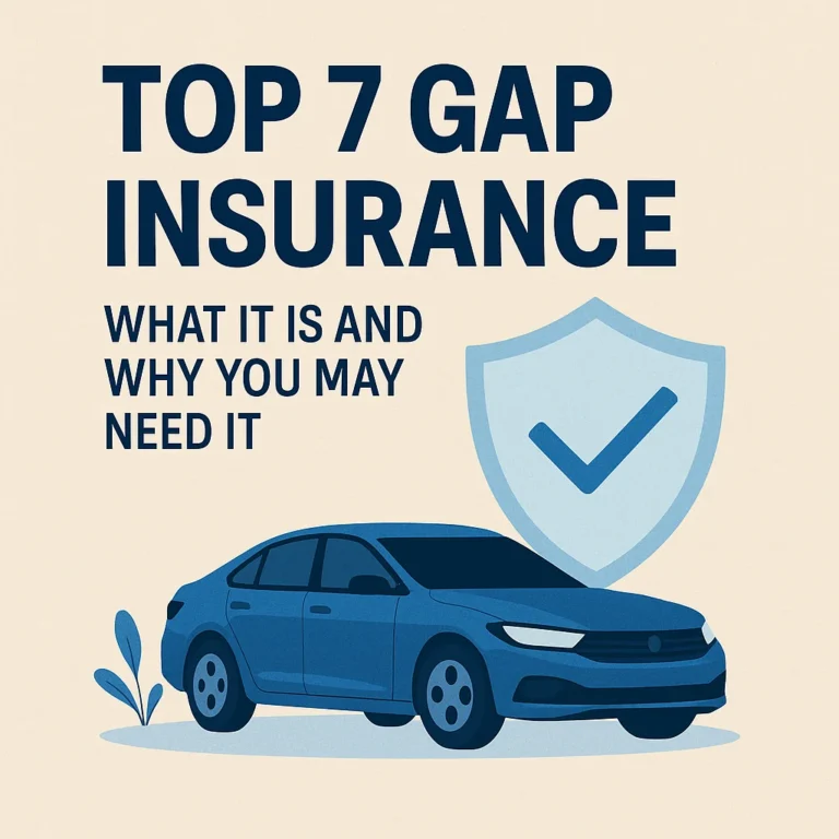 Blue sedan with insurance shield and title “Top 7 Gap Insurance: What It Is and Why You May Need It”