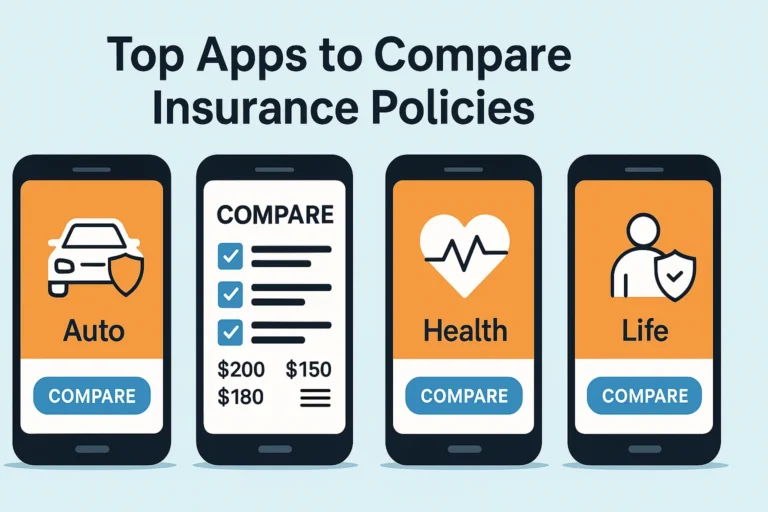 Mobile screens displaying insurance comparison apps for auto, health, and life policies