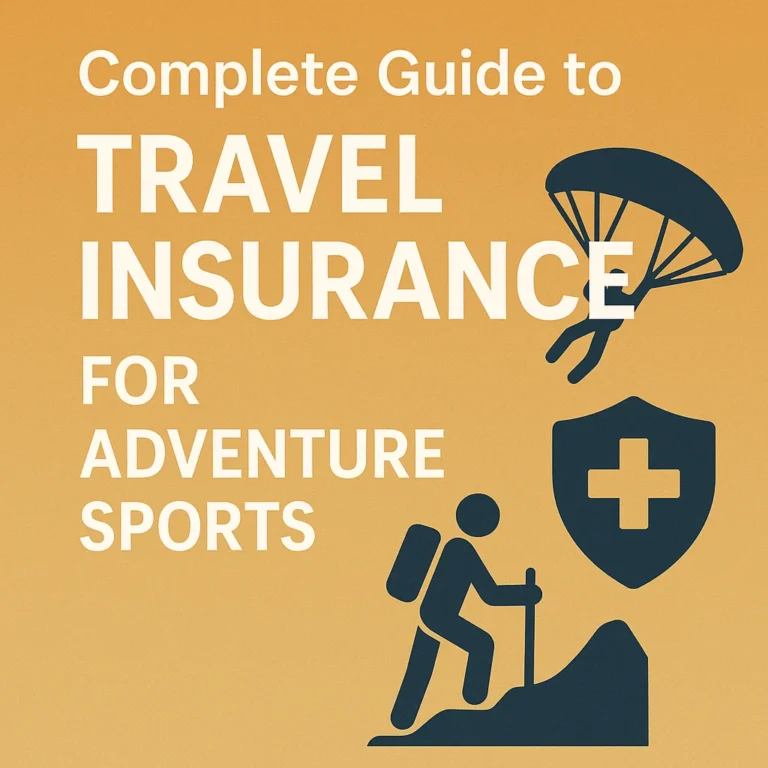 Promotional graphic for travel insurance covering adventure sports like hiking and parachuting