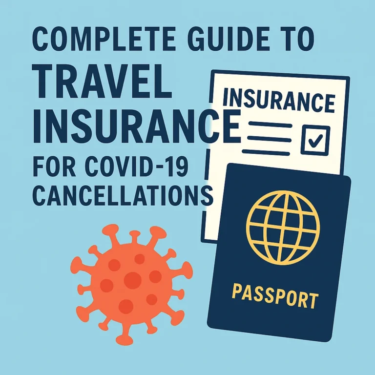 Illustration of a passport, insurance document, and COVID-19 virus icon symbolizing travel insurance for pandemic-related cancellations