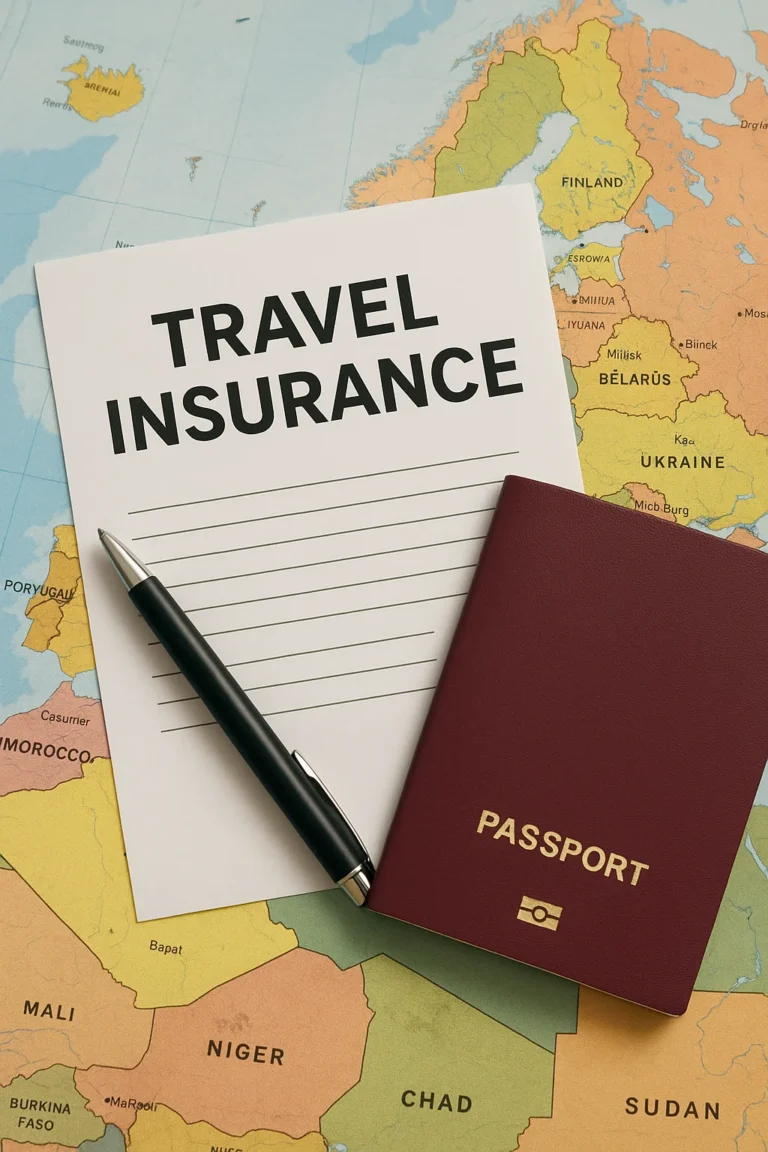 Travel insurance form, passport, and pen placed over a Europe map