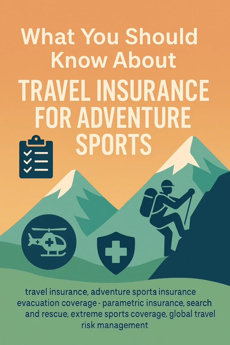 Illustration of a climber with insurance icons on mountain background, representing travel insurance for adventure sports