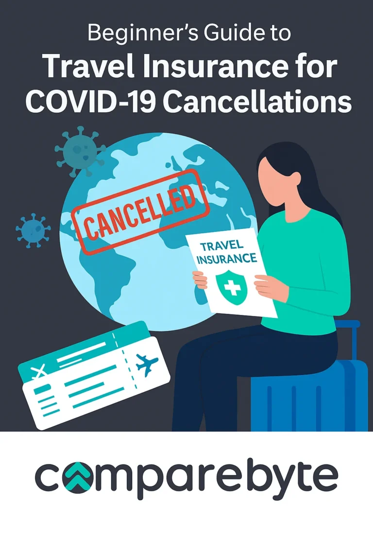 Flat digital illustration of a woman holding a travel insurance document with a globe behind her stamped “CANCELLED” and COVID virus icons.