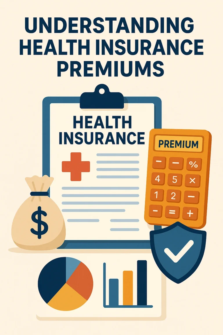 Infographic showing health insurance document, premium calculator, dollar bag, and charts.